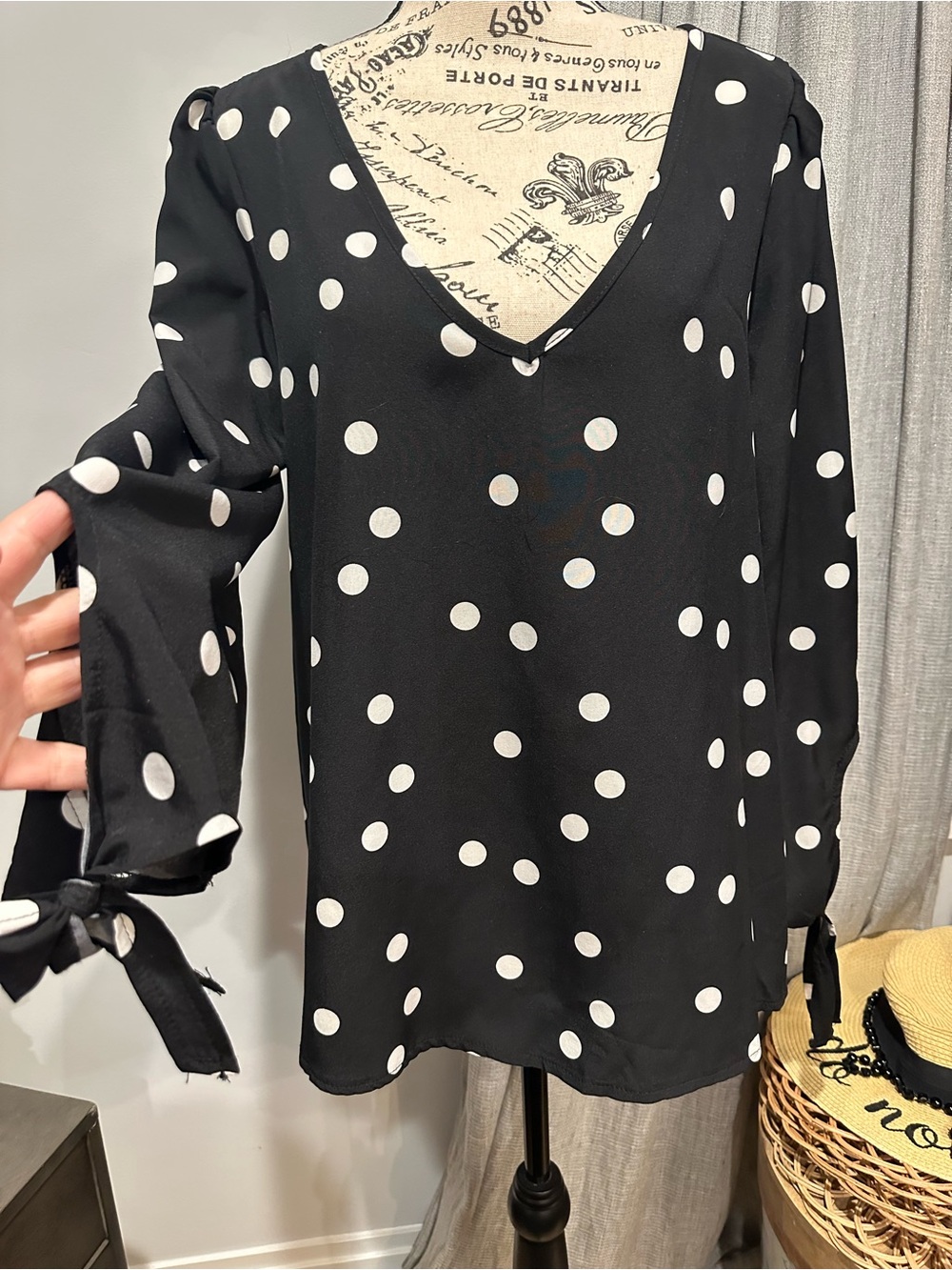 Black Polka Dot V-Neck Blouse with Tie Sleeves